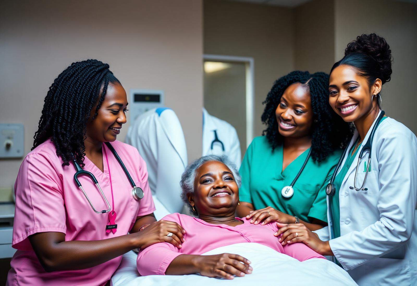 African healthcare professionals supporting women during a cancer awareness event